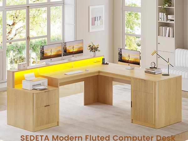 SEDETA 66 Inch Modern L Shaped Desk with Drawers Fluted Home Office Desk with File Cabinet and Printer Shelf Wood Executive Desk with Monitor Stand Power Outlets Led Lights