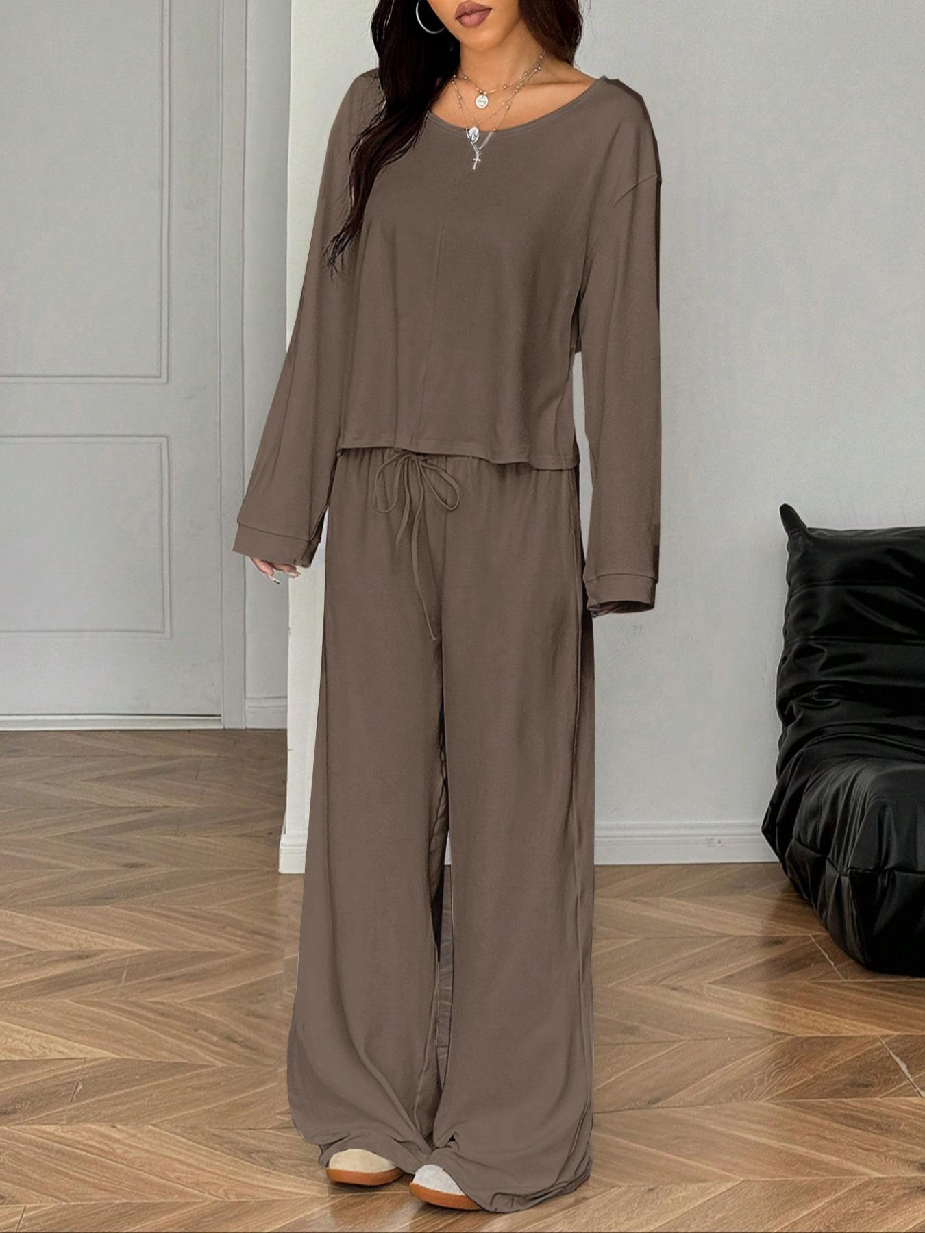 Women's 2 Piece Matching Lounge Set Off The Shoulder Long Sleeve Top and Drawstring Wide Leg Pants Casual Sweatsuit