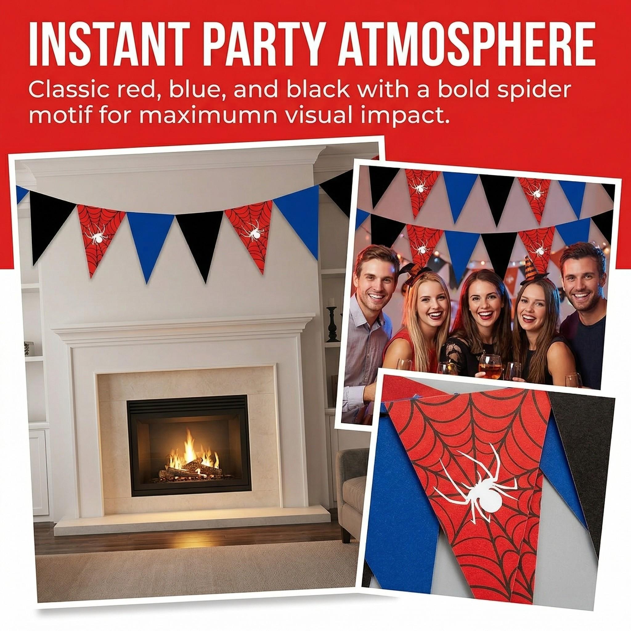 12pcs set of spider-themed Halloween party supplies Happy Birthday banner party decorations, classic red, blue, and black color scheme with Spider Web pattern design triangular flags, home wall decoration, wedding anniversary, holiday celebration supplies