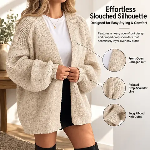 Solid Oversized Bubble Puff Sleeve Knit Cardigan for Women, Soft Loose Open Front Chunky Knit Sweater Coat, Daily Fall Casual Long Sleeve Outerwear
