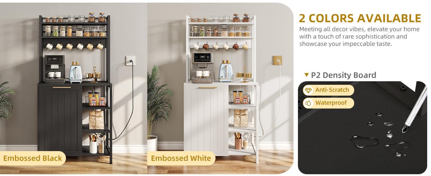 DWVO Bakers Rack with Trash Can Bin Cabinet and Power Outlet, Microwave Stand Cabinet with 6 Hooks, 6-Tiers Farmhouse Kitchen Tall Thickened Coffee Bar Table,Black/White