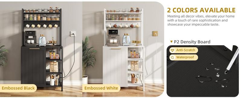 DWVO Bakers Rack with Trash Can Bin Cabinet and Power Outlet, Microwave Stand Cabinet with 6 Hooks, 6-Tiers Farmhouse Kitchen Tall Thickened Coffee Bar Table,Black/White