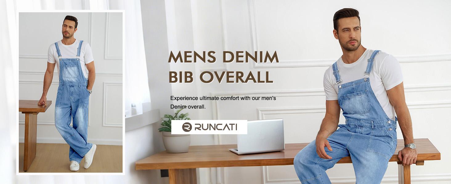 Runcati Men's Denim Bib Overall Jean Romper Casual Fashion Workwear Adjustable Strap Loose Fit Hip Hop Jumpsuit