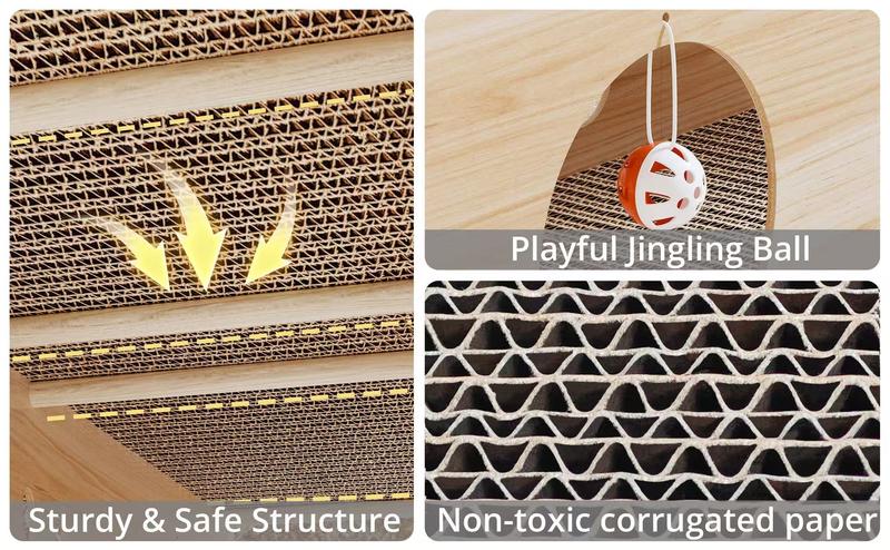 IRONCK 39" Long Large Wooden Cat House & Scratcher with Ball Toy | 2-in-1 Pet Furniture for Indoor Cats, Durable Cat Bed & Playhouse