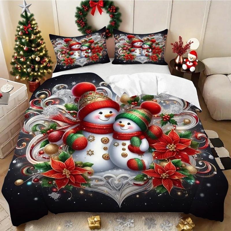 Christmas Theme Bedding Set, 3-Piece Snowman Pattern, Polyester Fiber, Fitted Sheet and Two Pillowcases, Universal Size