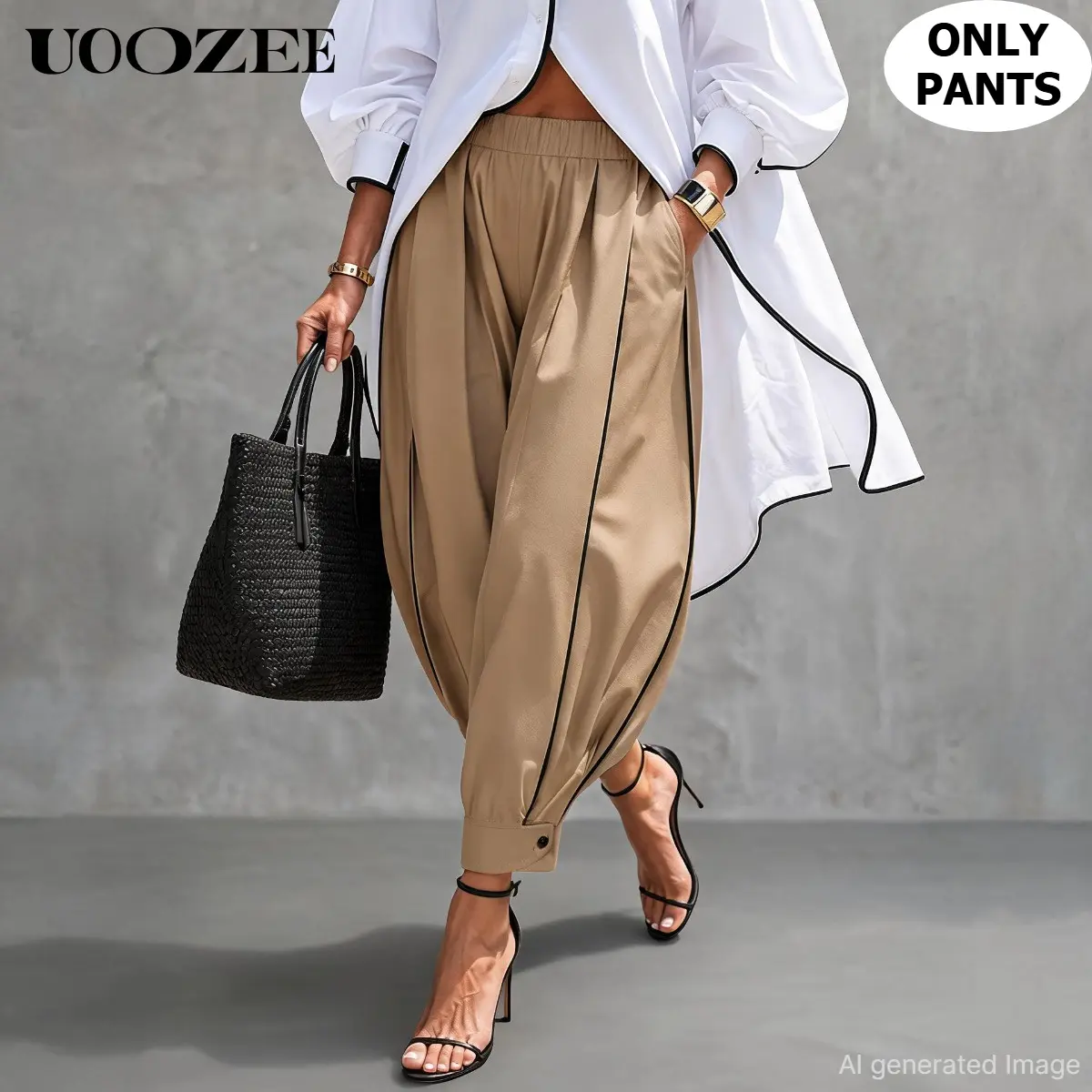 UOOZEE Women's Wide Leg Pants – High Waist Elastic Waistband Cotton Trousers with Pockets & Button-Fly, Casual Spring Summer Fall Bottoms