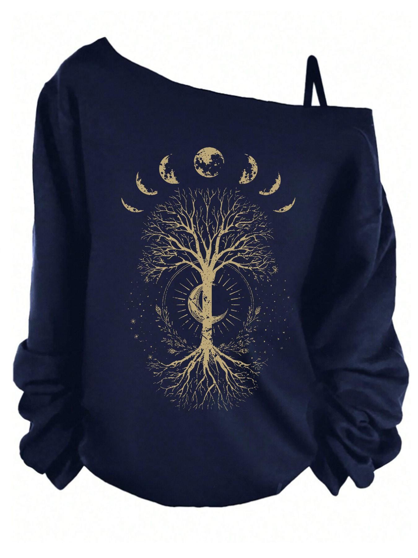 Women's Off-Shoulder Slouchy Casual Sweatshirt, Moon Phase Tree of Life Print, Oversized Pullover, Boho Occult Graphic, Women's Tops, Womenswear, Spring&fall
