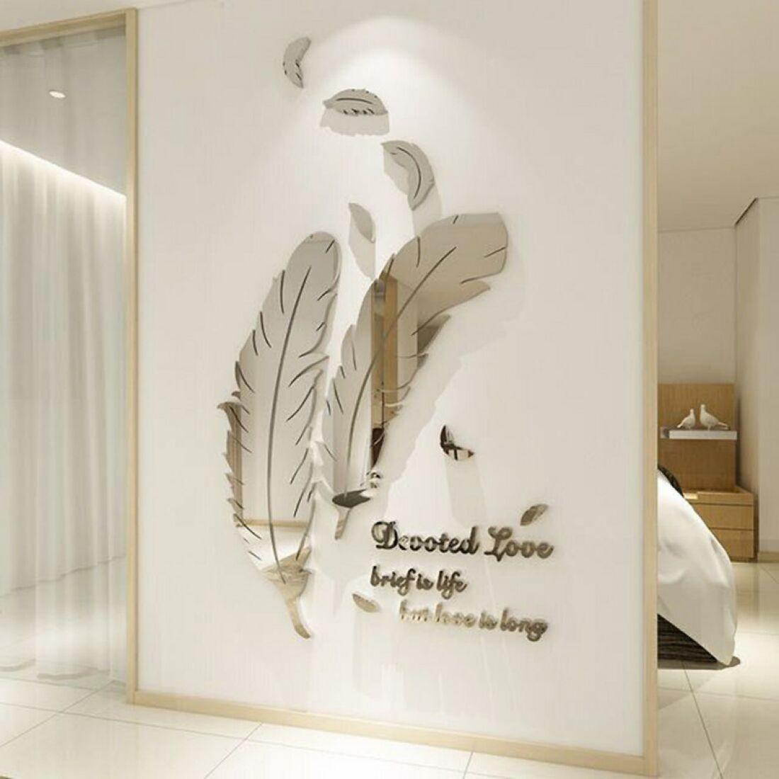 Feather Acrylic Mirror Wall Stickers, 3D Self-Adhesive DIY Feather Mirror Wall Decals, Modern Minimalist Nordic Style Shatterproof Wall Art Decor with Love Quote for Living Room Bedroom Entryway, Make Room Look Bigger, Easy Install