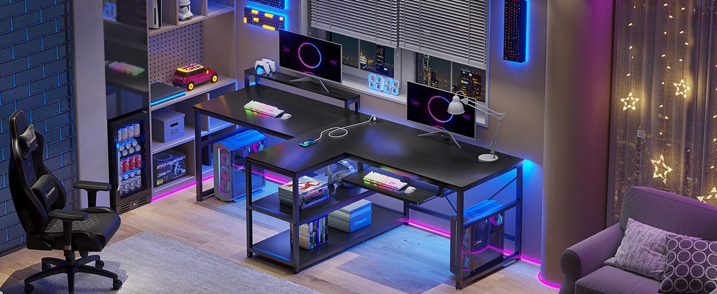 94.5 Inch Office Computer Desk 2 Person Gaming Desk with Storage LED Lights Keyboard Tray Power Strip with USB & Monitor Stand