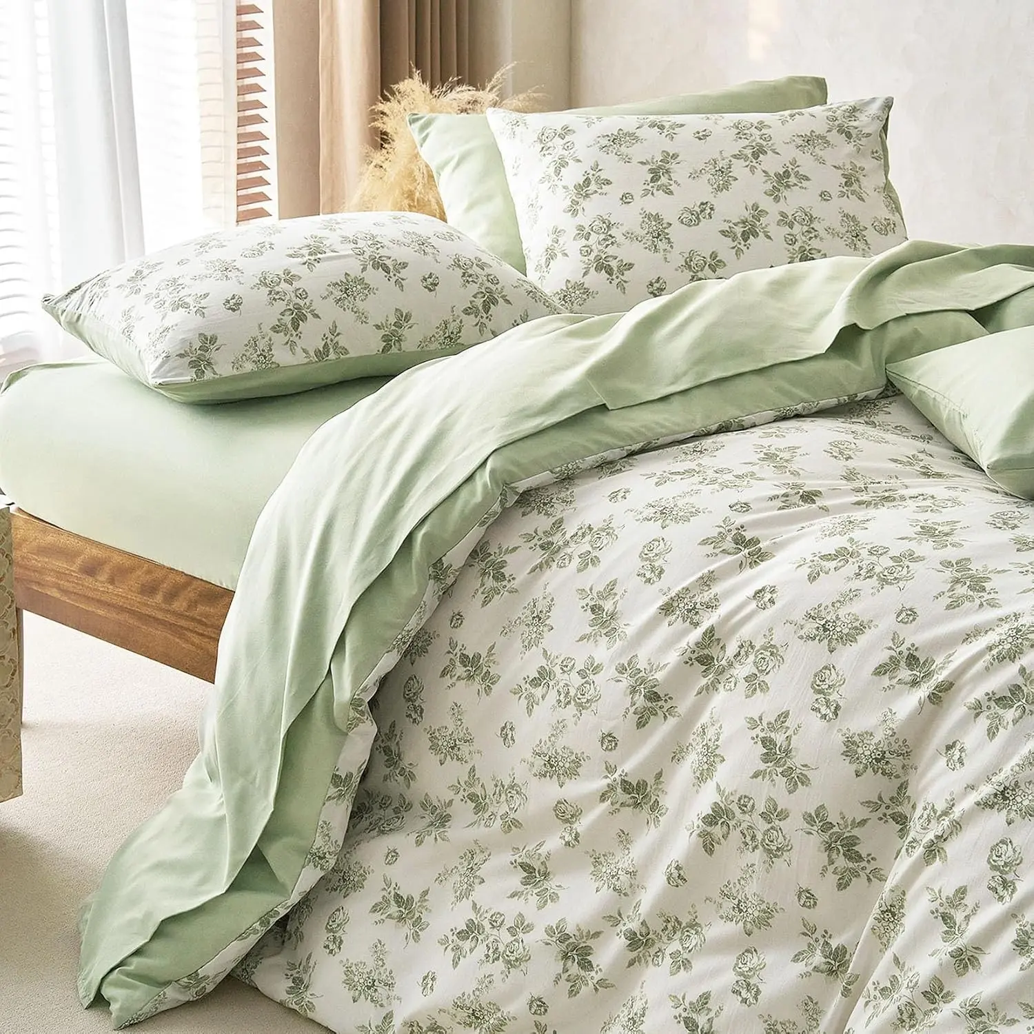 Cottagecore Comforter Set, Floral Vintage Flower Shabby Chic Coquette Aesthetic for Women Teen Girls, Soft Lightweight Dorm Bedding, 3 Pieces, Sage Green, Full Size