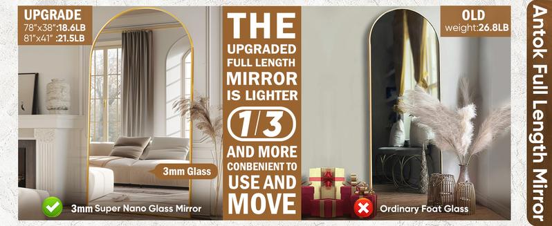 Full Length Mirror, 76*34-44*76in Oversized Floor Mirror, Arched Full Body Mirror with Stand Large Floor Standing Mirror, Hanging Mounted Mirror for Bedroom, Living Room Cloakroom Full Length Mirror, 76*34-44*76in Oversized Floor Mirror, Arched Full Body Mirror with Stand Large Floor Standing Mirror, Hanging Mounted Mirror for Bedroom, Living Room Cloakroom