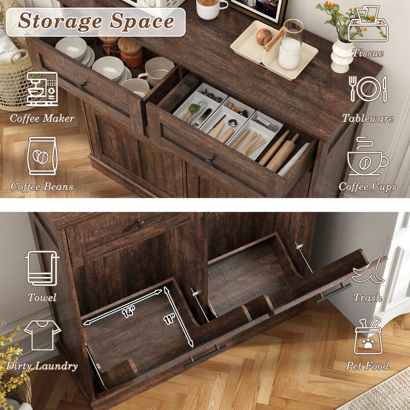 Trash Can Cabinet, 10 Gallons / 20 Gallons Farmhouse Hidden Wood Garbage Can Bin Cabinet with Drawers, Tilt Out Laundry Hamper with Laundry Storage Basket for Bathroom, Kitchen, Brown/Antique White