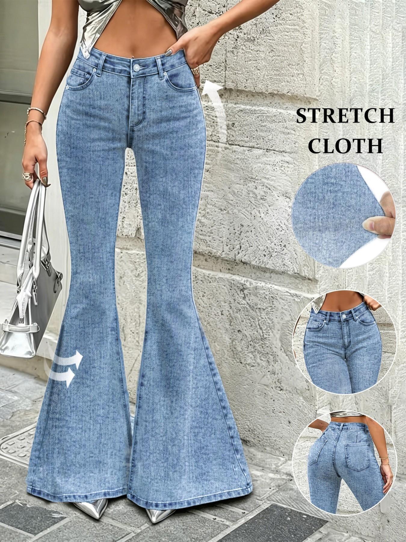 Women Vintage Washed High Waist Super Flare Jeans, Flared Bell Bottoms, Slim Stretch Bell Bottom Denim High Rise Jeans, Y2K Streetwear, Casual All Seasons Style