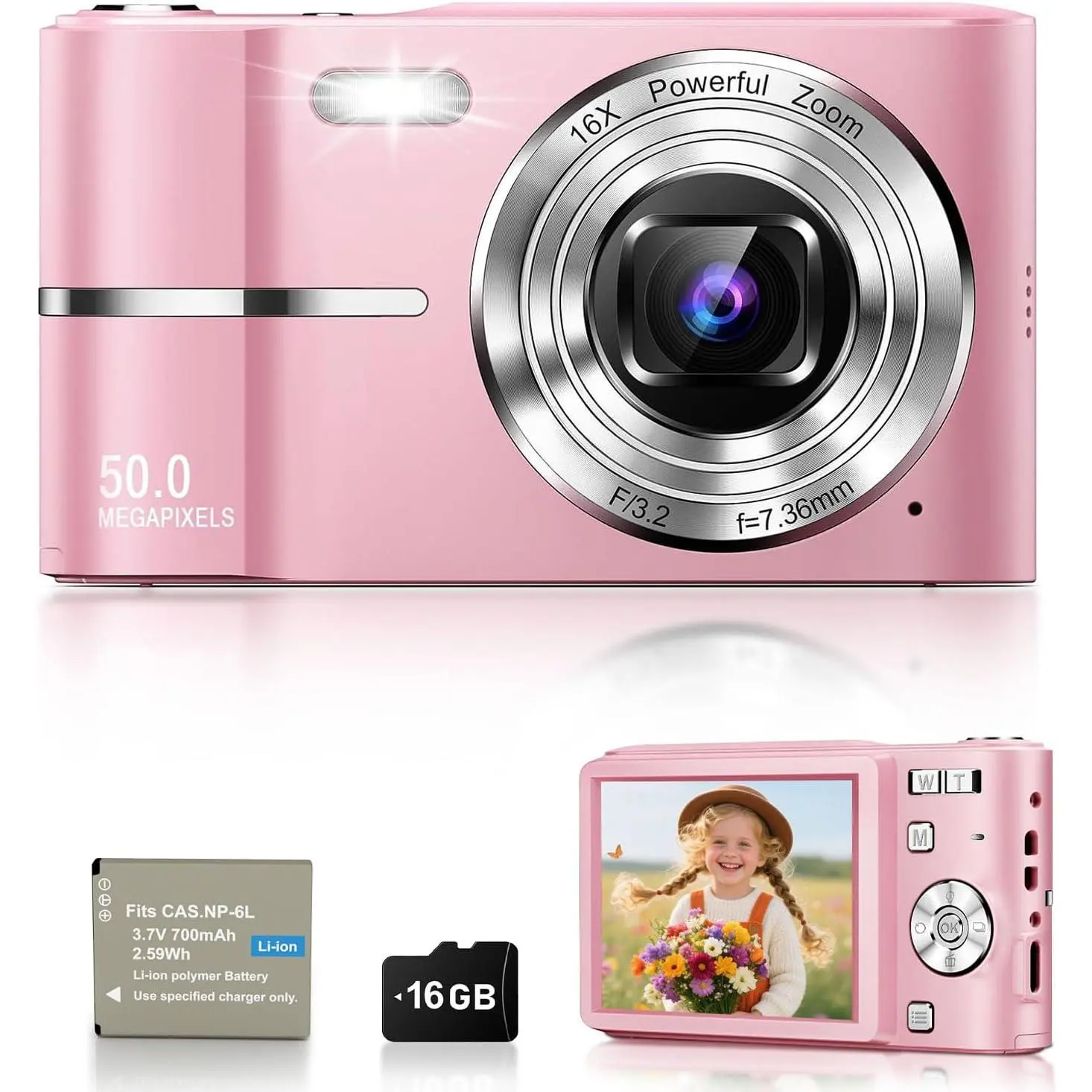 Digital Camera, 50MP FHD 1080P Portable Point and Shoot Camera, Small Digital Camera with 16X Digital Zoom, Anti-Shake Vlogging Device for Daily Life, Travel, , and Beginners