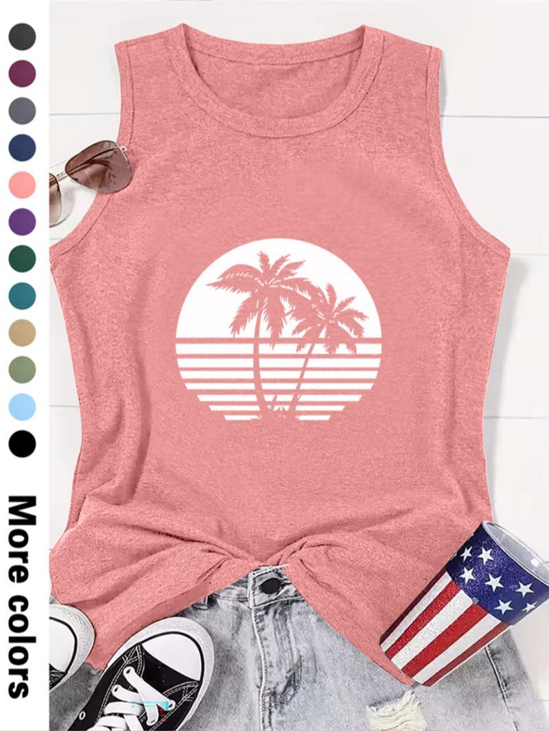 Women's Coconut Tree Print Round Neck Tank Top, Lounge Tank Top, Graphic Top, Casual Sleeveless Top for Beach Vacation Holiday, Ladies Clothes for All Seasons
