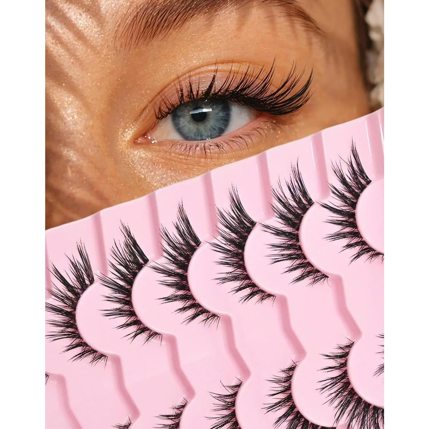 16mm Fake Mink Mixed Length False Eyelash Lashes Pack (7 Pairs), C Curl Flared Wispy Silky Soft Cat Eye Lashes, Natural Extension-Like Look for Daily Makeup