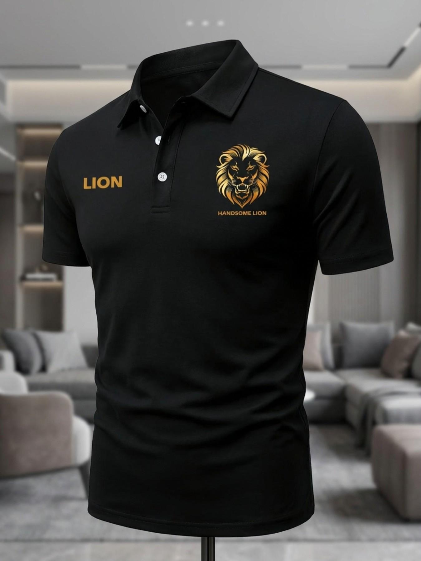 Men's Lion Print Polo Shirt, Stylish Short Sleeve Collared Top, Casual Streetwear, Gym, Daily, Party, Summer Fashion 2026, Gift for Him