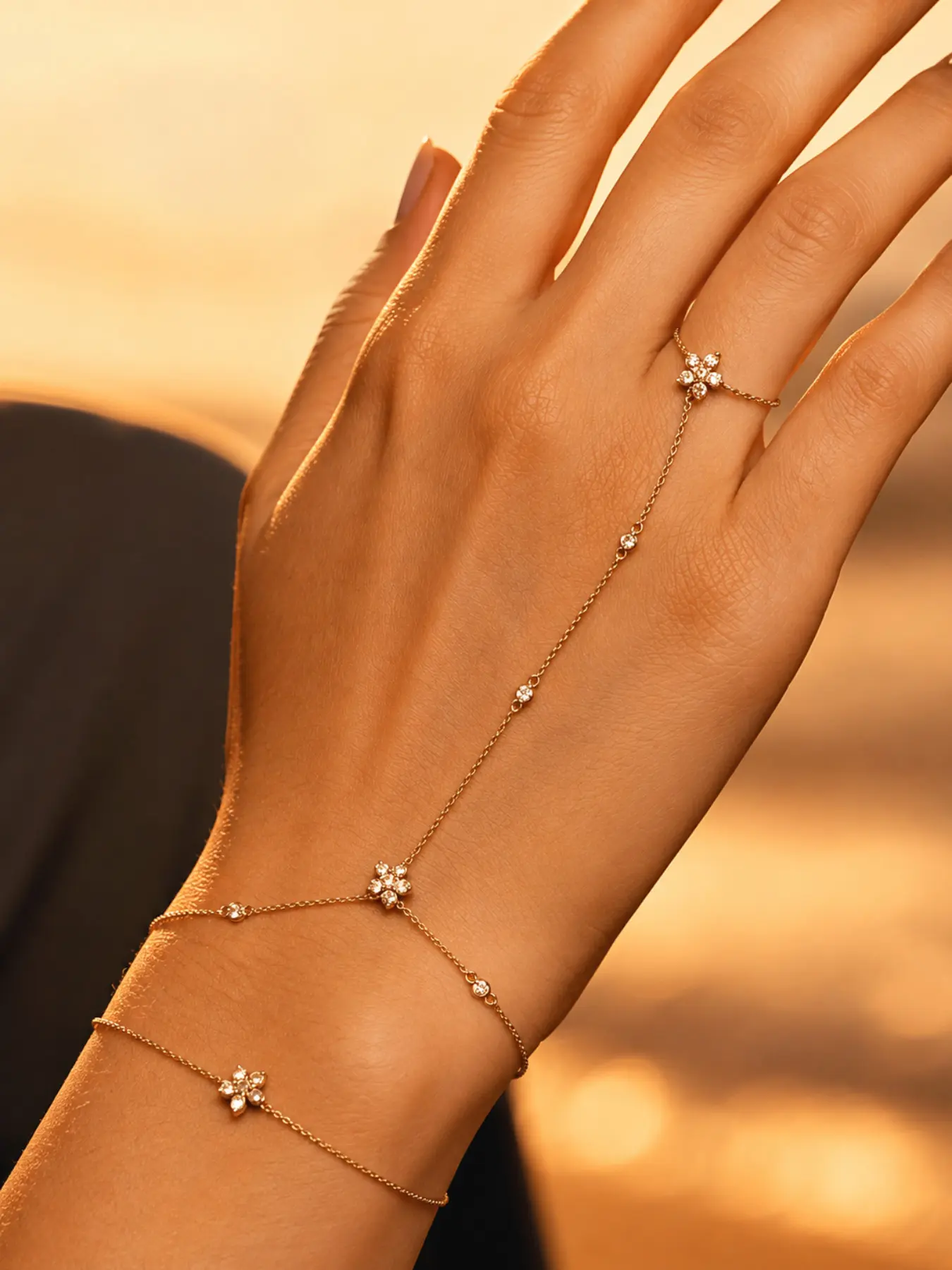 Cross-border Popular Flower Linked-Finger Bracelet, High Quality Jewelry Bracelet, Simple and Sweet, Niche, Stackable Bracelets, with Wate Water Drill Hand Chain and Ring in One Piece, Fashionable and Versatile for Women