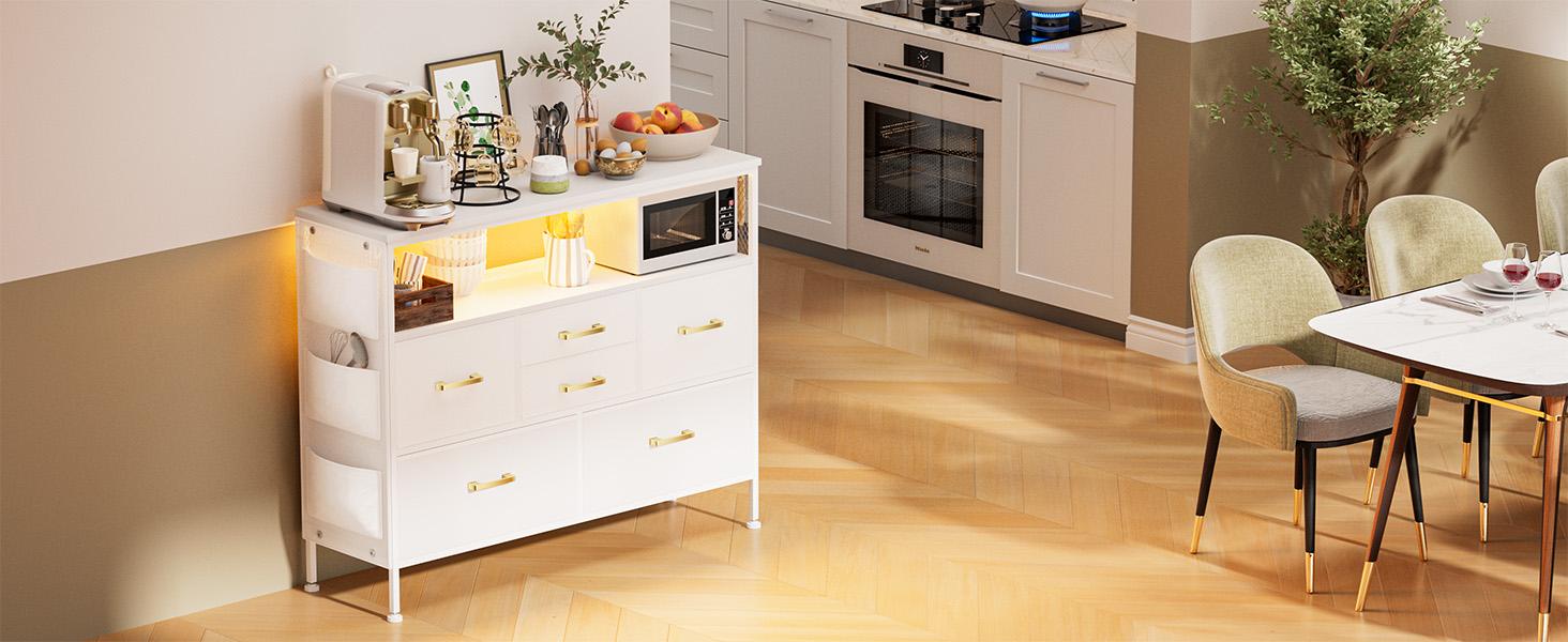 Bedroom Dresser TV Stand with LED Lights & Charging Station, 6 Fabric Drawers with Side Pockets, Wide Storage Dresser for Bedroom, Living Room, or Closet, Modern Media Console for TVs up to 43" Cupboard Furniture