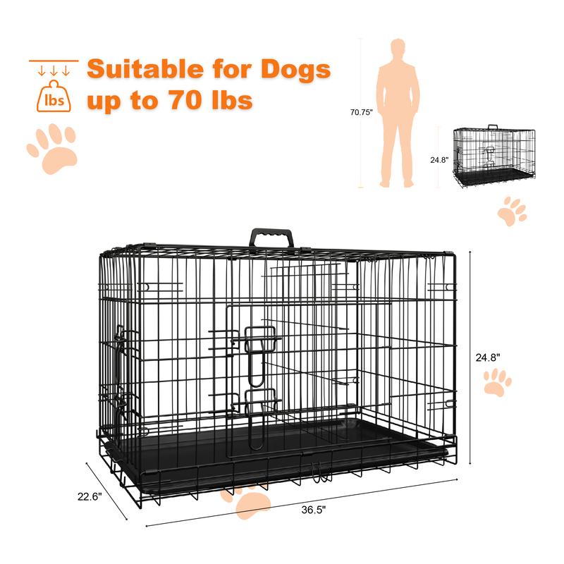 【TikTokShopfalldealsforyou】Foldable Metal Dog Crate with Divider and Leak-Proof Tray, Double Door Wire Kennel for Medium to Large Dogs, Indoor Outdoor Travel Use, 30/36/42/48 Inch