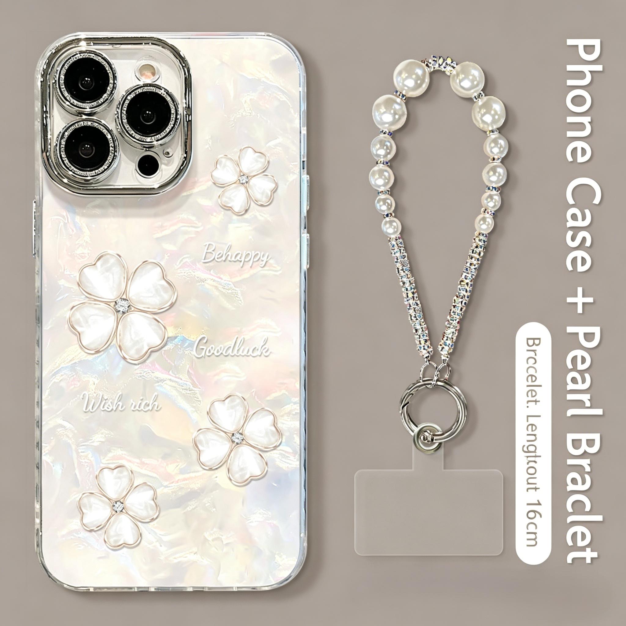 Elegant Pearl Chain Phone Case for iPhone 17 Series, 4 Leaf Clover Glitter Acrylic Cover, Luxury Aesthetic Shockproof Case for Women Girls