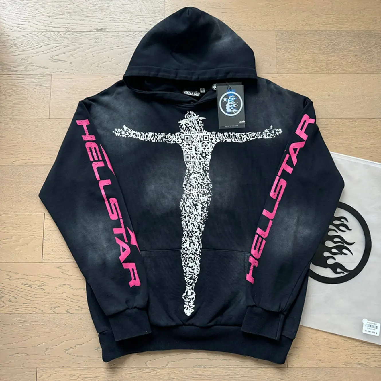 HELLSTAR Crucifix Graphic Hoodie Black Pink Vintage Wash His and Hers 100% Heavyweight Cotton Retro Graphic Menswear Fall Outfit