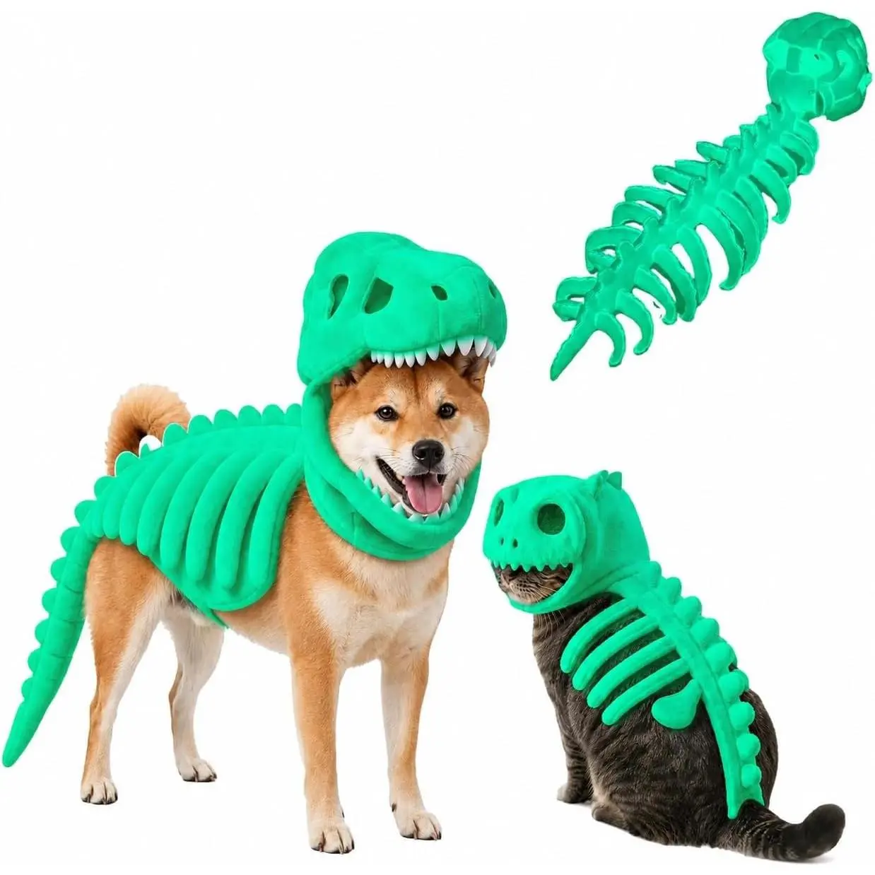 Dinosaur Skeleton Glow in Dark Dog and Cat Costume,Pet Dinosaur Costume,Plush Halloween Pet Hood Outfit (Glow-in-the-Dark Style, Large(47.2Inch))