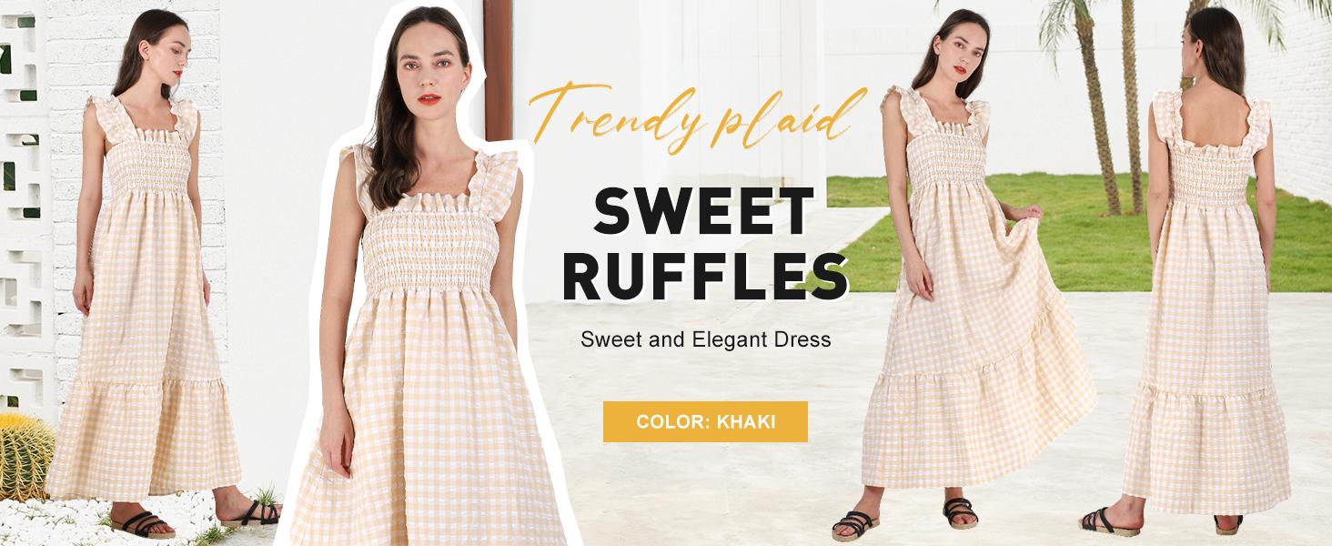 Chouyatou Women's Retro Plaid Smocked Dress Spaghetti Strap Flounce Long Casual Sleeveless Flowy Evening Fashion Basic with Pockets Womenswear Cute Elegant Sky SpringStatements