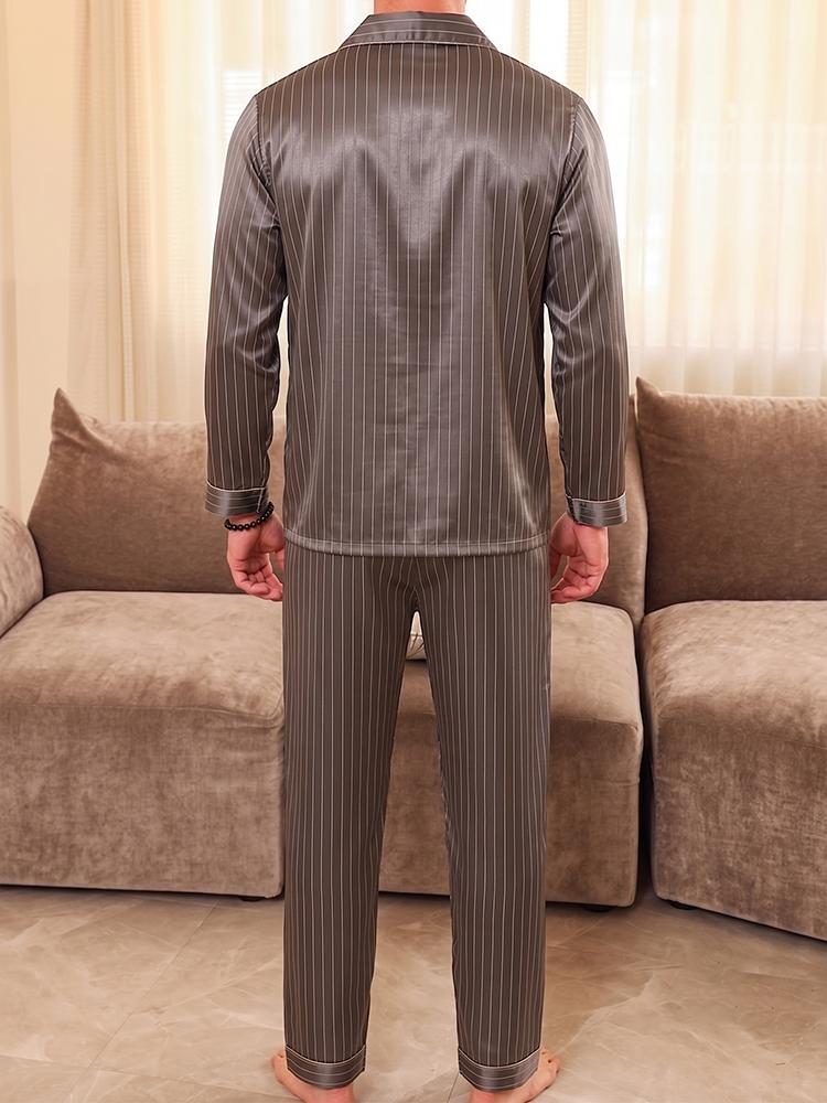Men's Long Sleeve Striped Print Pajamas, Cozy Comfortable Casual Home Wear, Suitable for Spring Autumn All Seasons, Daily Two-Piece Set