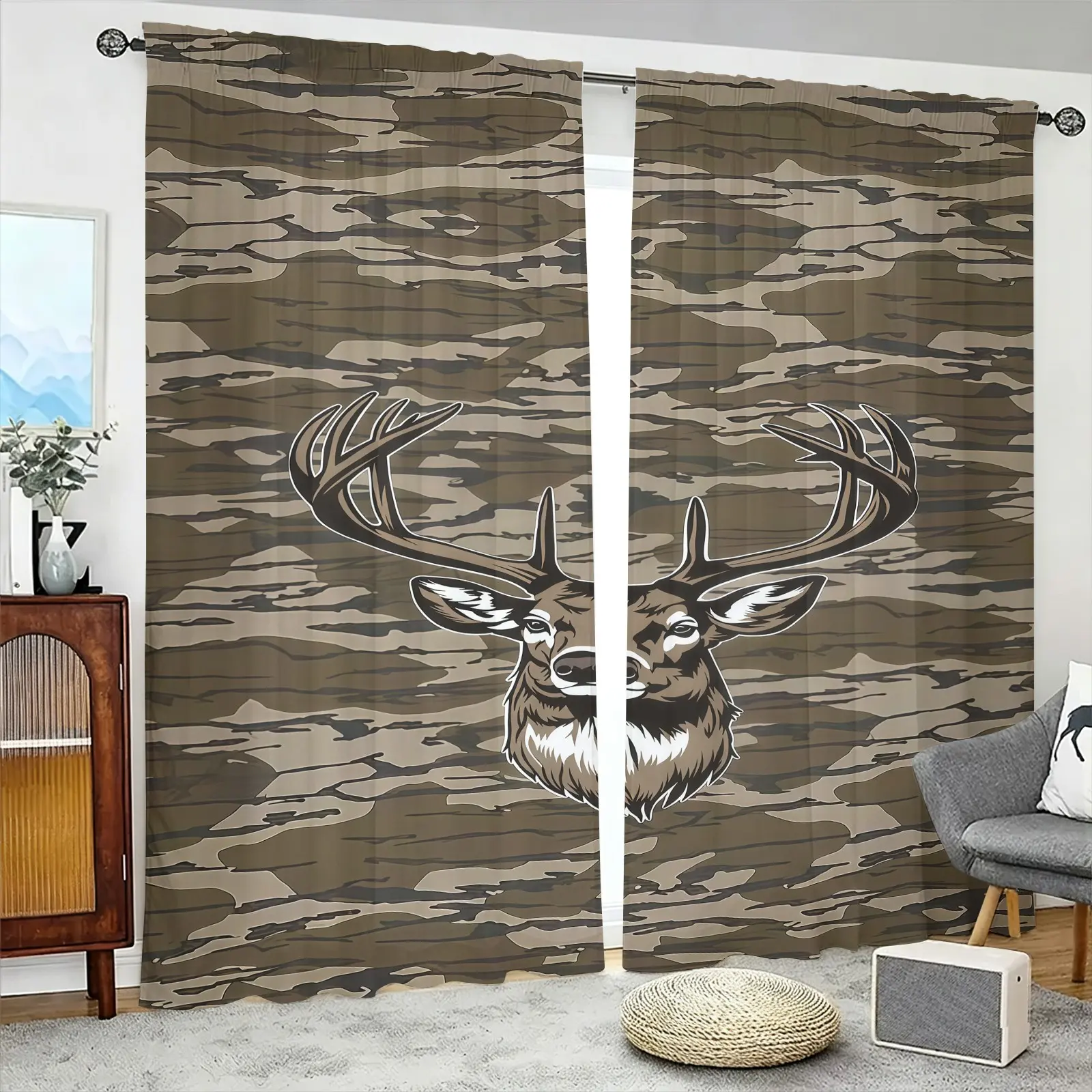Camouflage Deer Pattern Semi-Blackout Brushed Fabric Curtains, 2-Piece Pack, Suitable For Living Room, Balcony And Bedroom, Perfect Home Season Holiday Room Decoration