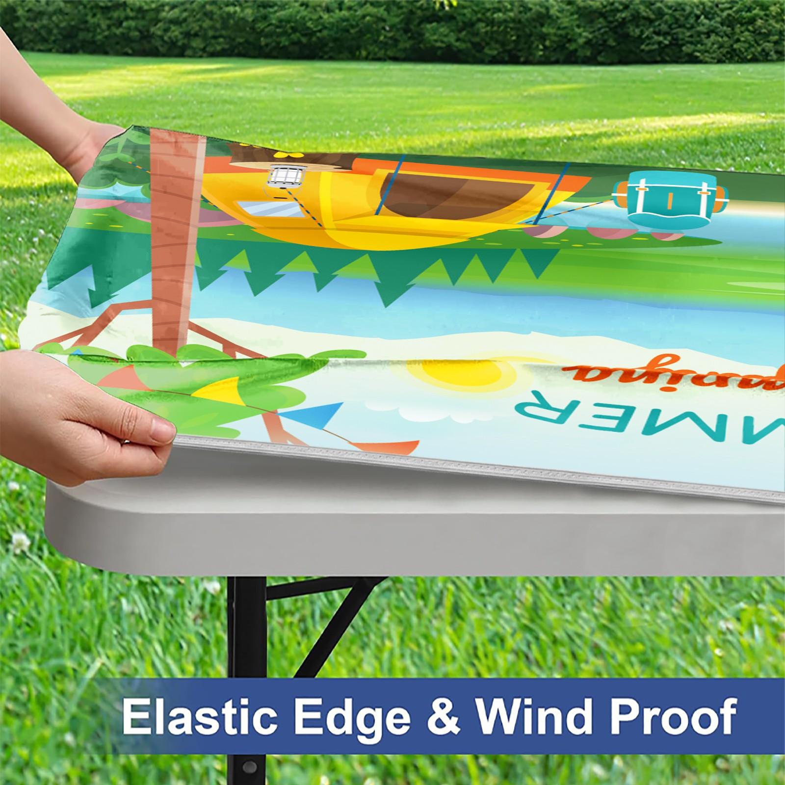 3pc Party Camping Yard Tablecloth Set, Beach RV Vacation Scene, Elastic Stretch Cover, Windproof Rectangular Tablecloth, Outdoor Picnic BBQ