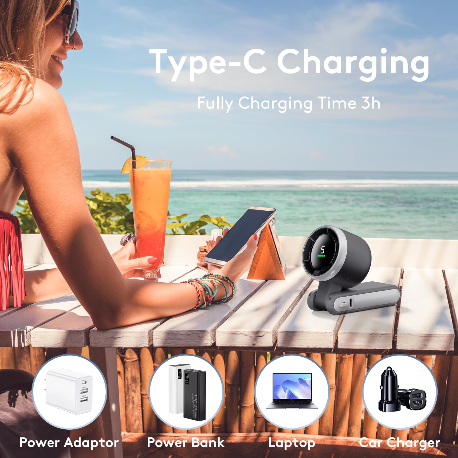 Turbo Mini Portable Fan, 10000mAh Rechargeable Battery Operated with LED Display, 180 Foldable 3 in 1 Personal Small Fan with 5 Speeds for Travel/Outdoor/Home