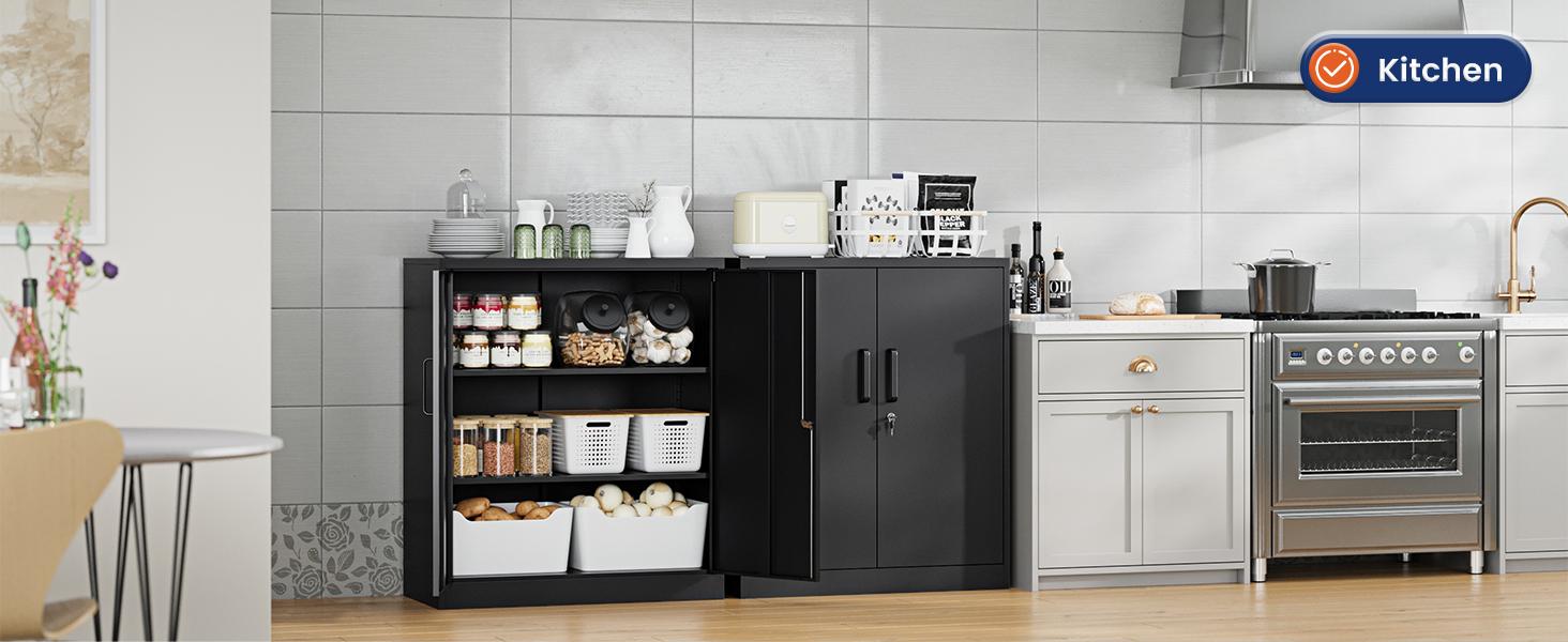 Yizosh Metal Storage Cabinet with 2 Adjustable Shelves, Steel Counter Cabinet with Lockable Doors for Home Office (Black) Yizosh Metal Storage Cabinet with 2 Adjustable Shelves, Steel Counter Cabinet with Lockable Doors for Home Office (Black)