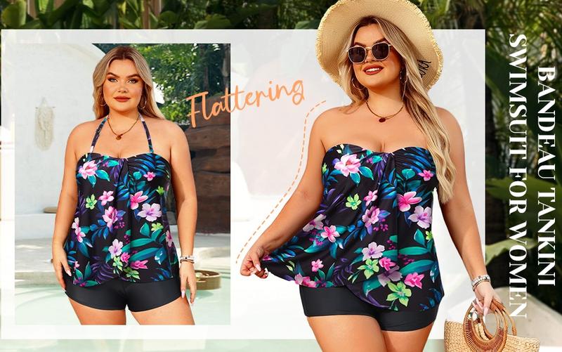 Daci Plus Size Bandeau Tankini Swimsuit for Women Two Piece Halter Swim Top with Shorts Flyaway Tummy Control Bathing Suits