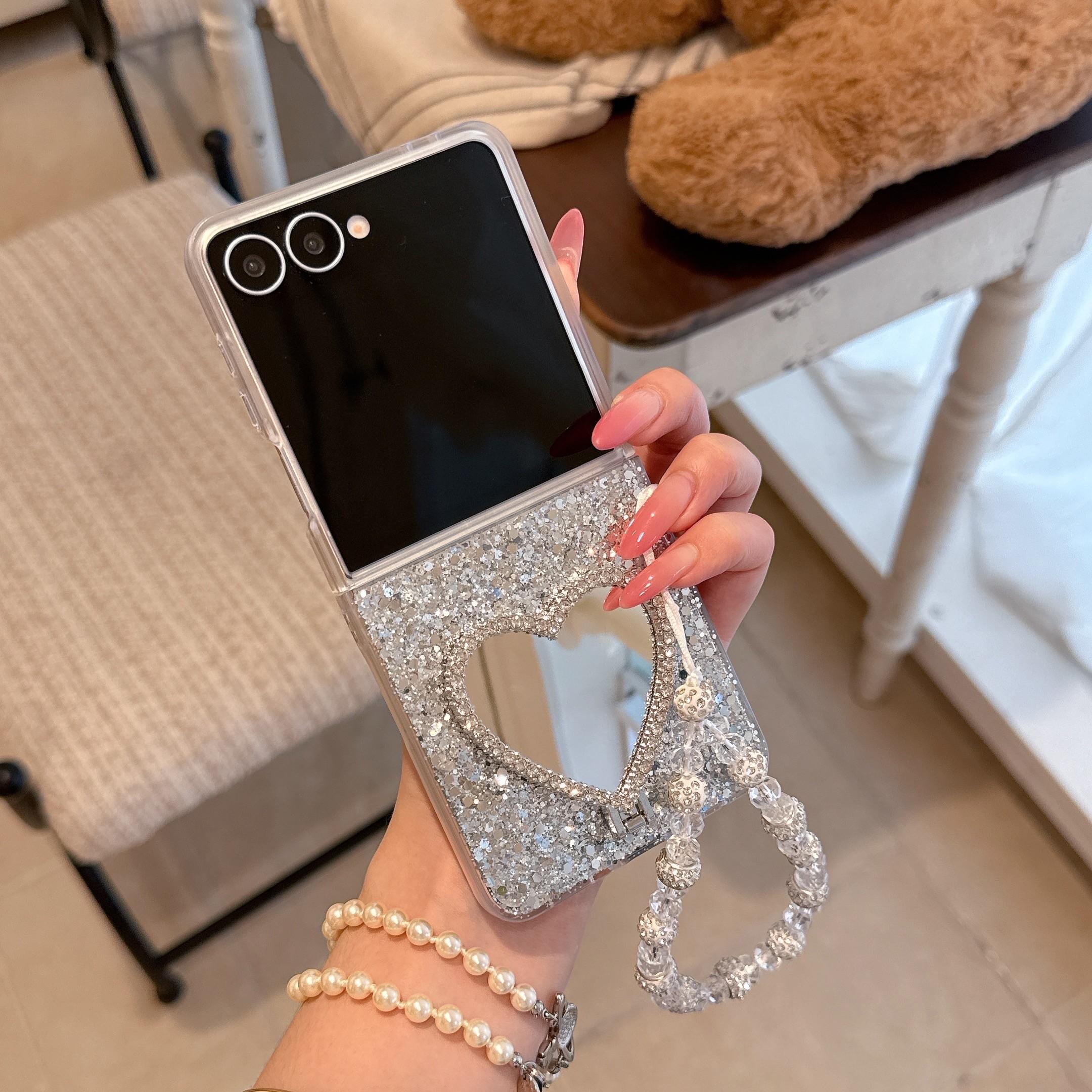 Glitter Heart Stand Foldable Phone Case With Chain For Samsung Galaxy Z Flip3/Z Flip4/Z Flip5/Z Flip6/Z Flip7, Shockproof Cover
