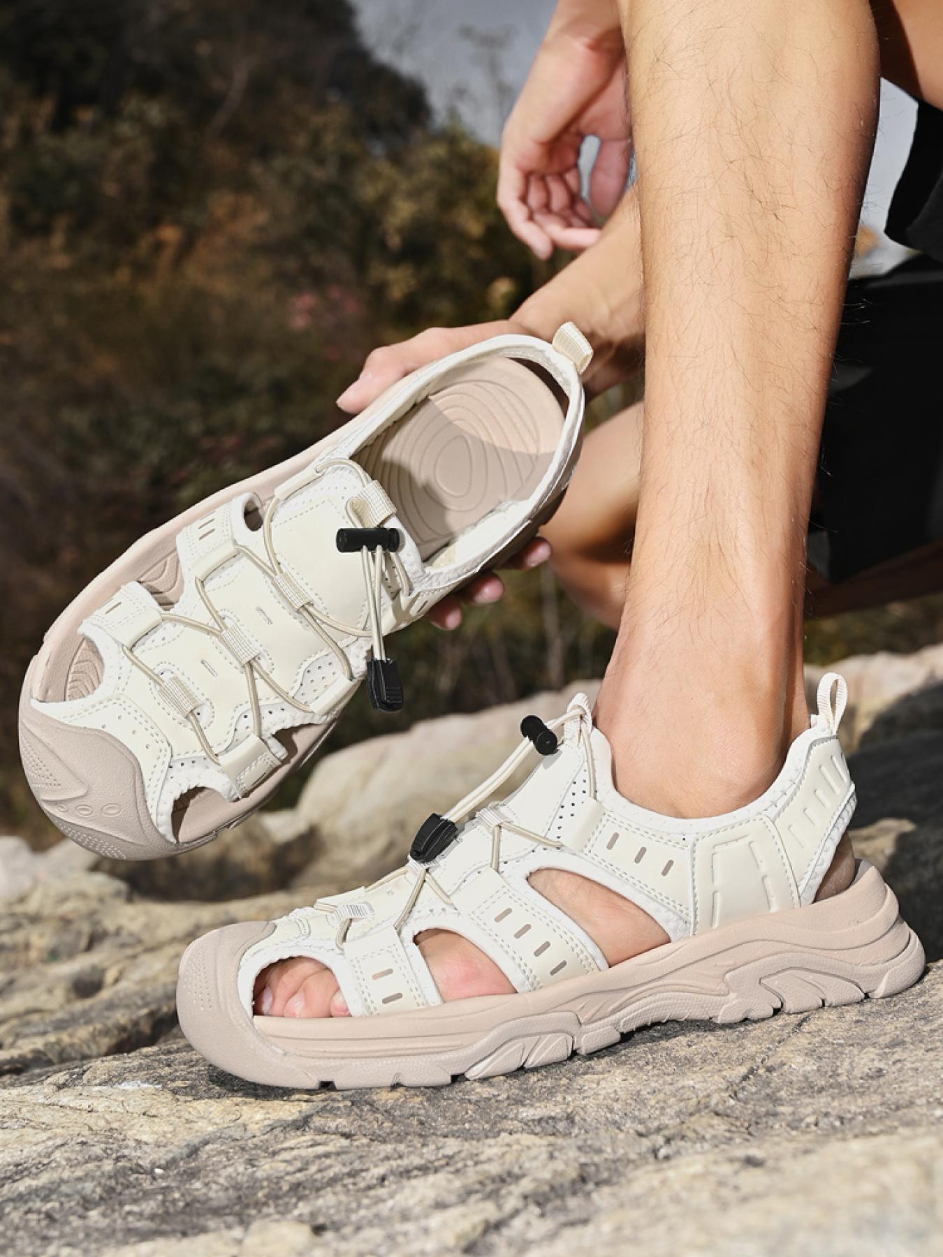 Men's Black and White Drawstring Closed-Toe Outdoor Sandals Thick-Soled Non-Slip Hollow-Out Water Shoes Breathable Durable Beach Hiking Shoes