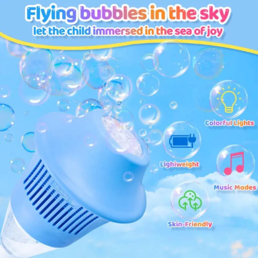 Streetlight Bubble Machine, “Torch” Bubble Machine with Music and Lights—an outdoor children's toy perfect for weddings and parties. Suitable for various occasions. Requires 3 AA batteries (not included). Recommended for ages 3 and up. Comes in a box.
