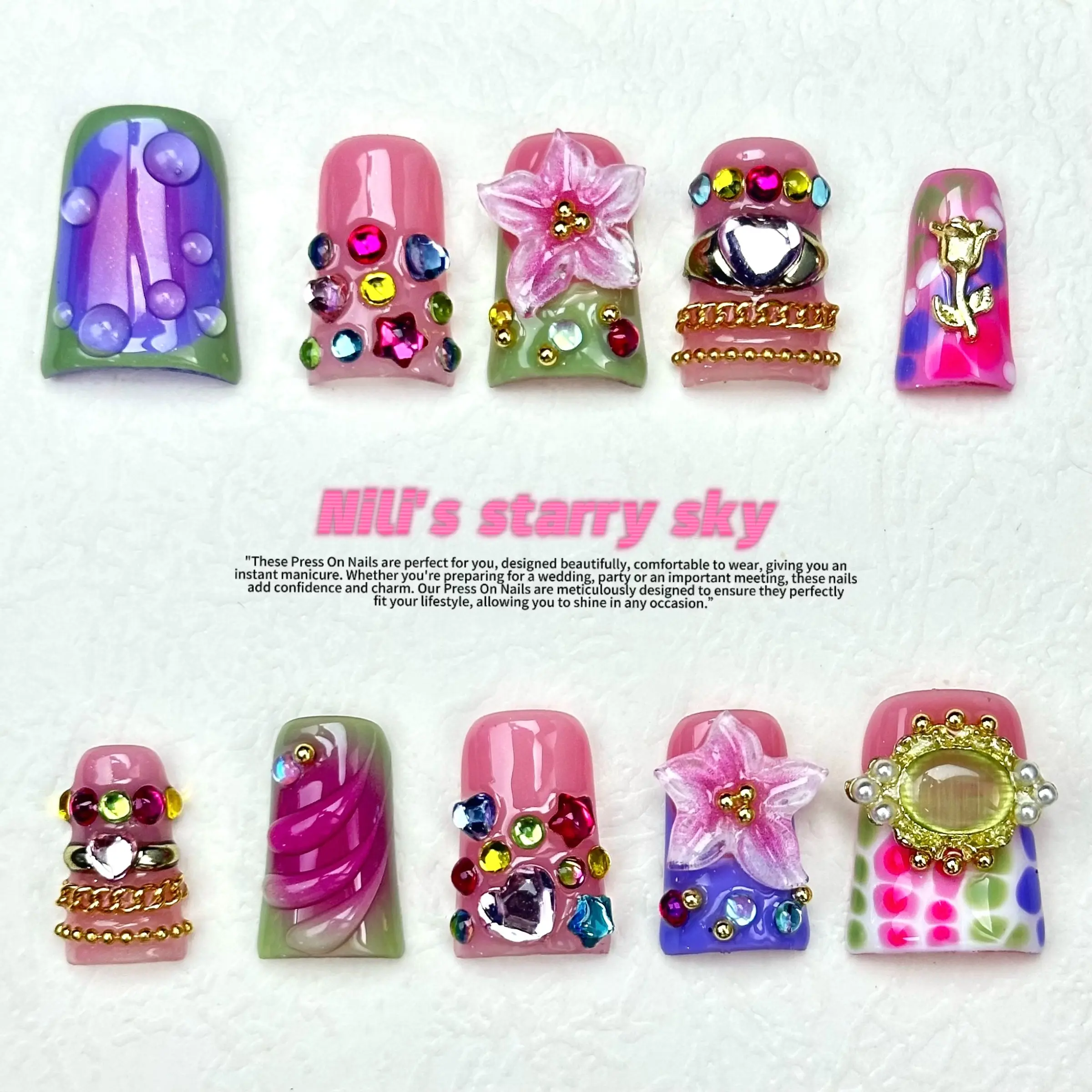 10pcs Handmade Covered Short Duck Nails Press On Nails,Lime Green&Dusty Blue nails,Glossy Summer Reusable Fake Nails,False Nail Kit,With Jelly Glue&Nail File,Suitable For Daily,Beach Vacation,Date, Party, Y2K Trendy Manicure Gift
