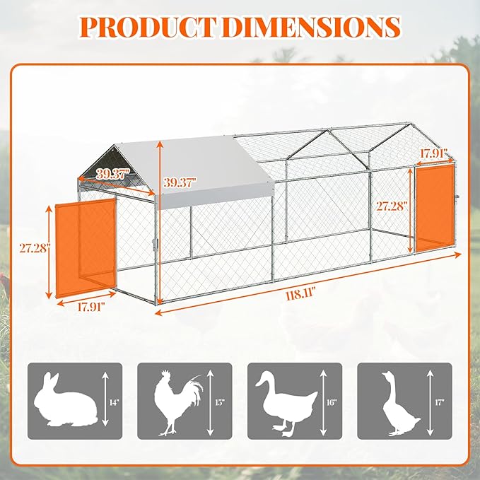 Large Metal Chicken Coop Run for 8-12 Chickens, Chicken Runs for Yard Run Hen House with Waterproof Anti-UV Cover, Portable Chicken, Coop for Outdoor Chicken Rabbit Duck, 120"×40"×40"