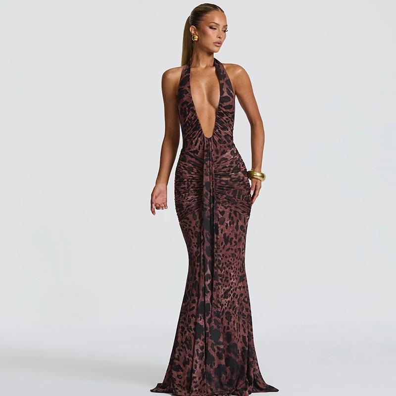 Women Summer Sexy Halter V Neck Backless Leopard Print Bodycon Party Club Evening Long Dress