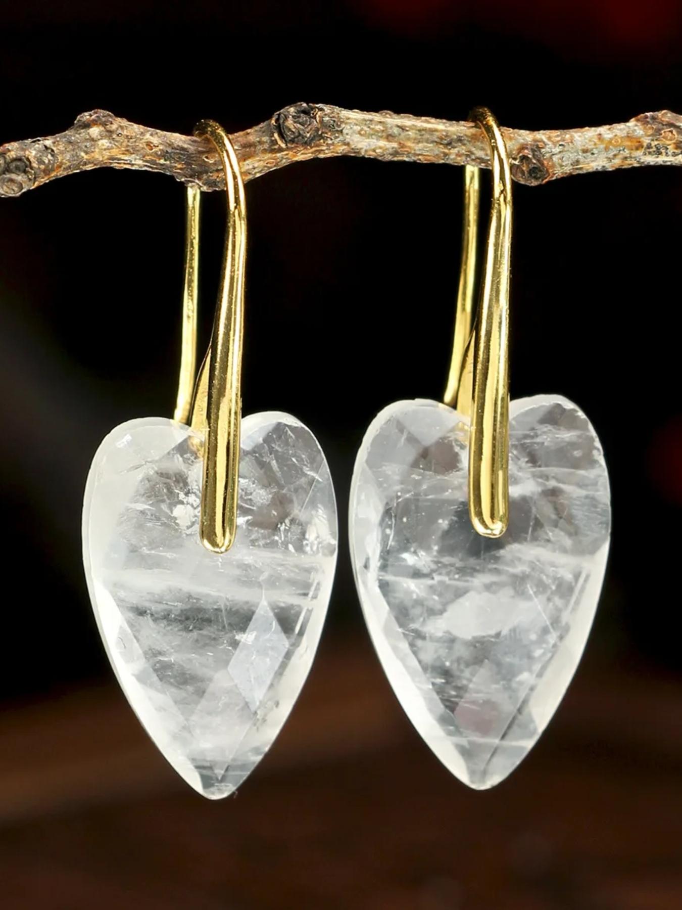 Natural Stone Heart Pendant Earrings, Amethyst Hanger Pendant Quartz Jade Carved Heart Earrings, Elegant Vintage Jewelry for Women, Luxury Accessories
