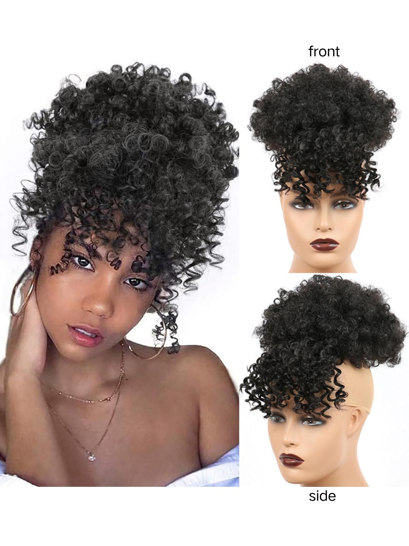 Women Drawstring Hair Bag, African Loose Curl Ponytail Extension, Bangs Flower Braid Style, High Crown Heat Resistant Fiber Wig Piece