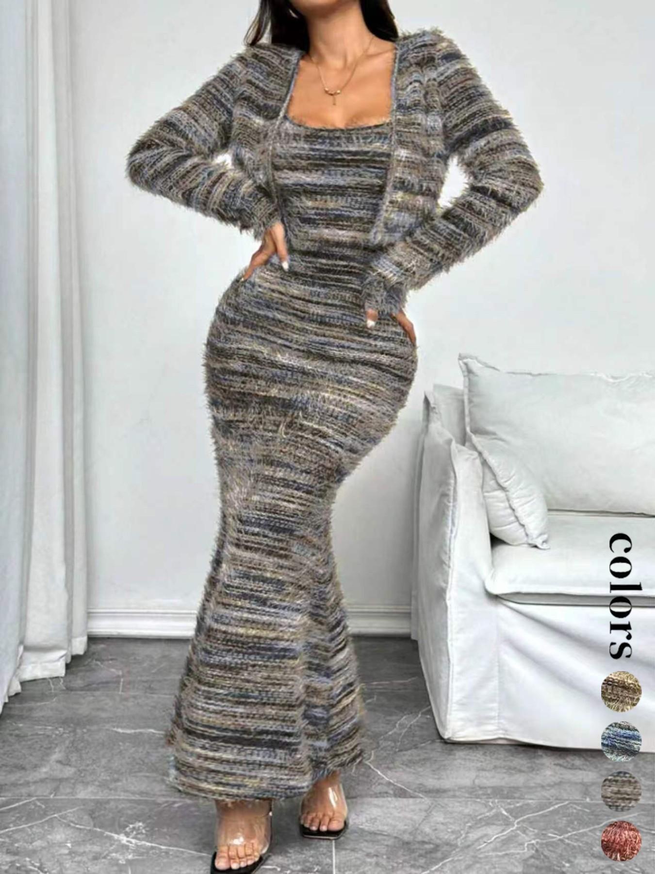 New Fall Winter Vintage Colorblock Knit Set, Casual Elegant Cardigan Long Sleeve Jacket and Dress, Women's Fashion