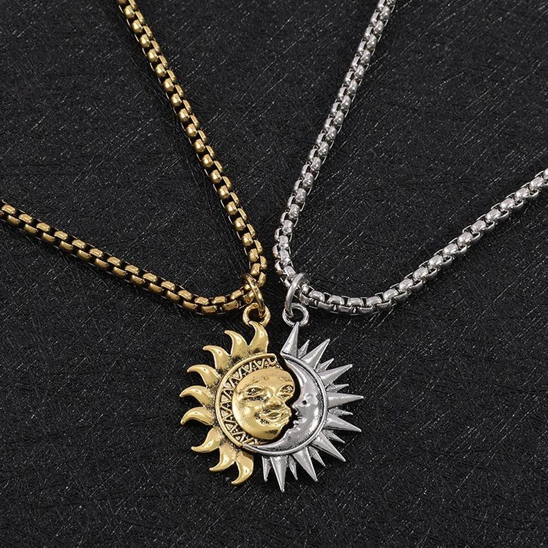 GTHIC Sun and Moon Asymmetrical Creative Design Stainless Steel Pendant Simple Vintage Couple Integrated Necklace Dating Versatile Jewelry