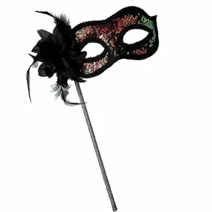 Flower Sequin Half Face Fox Cosplay Handheld Mask Female Leather Mask Eye Halloween Party Half Face Mask Adult Game Supplies
