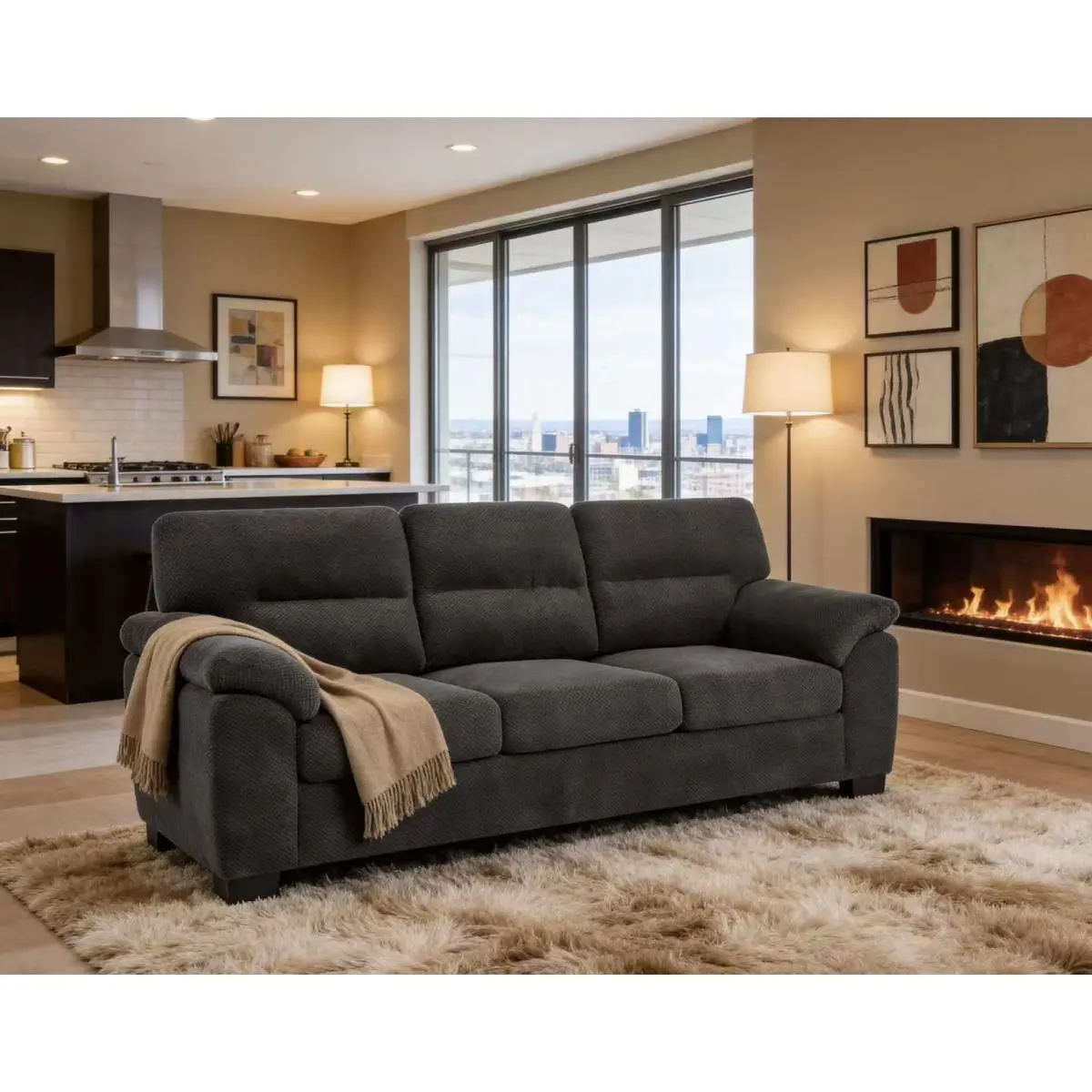 3-Seater Cloud-Style Upholstered Sofa, Green Textured Fabric Minimalist Living Room Furniture, Sturdy Frame with Deep Cushions, Comfortable Lounge Settee