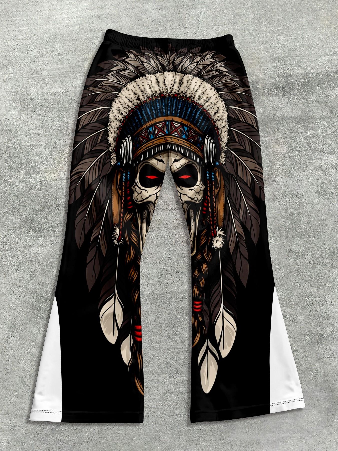 Men's Fashion Jogger Pants with Native American Skull Pattern, Fitted Casual Sportswear, All Seasons, Geometric Print, Sporty Comfy Breathable