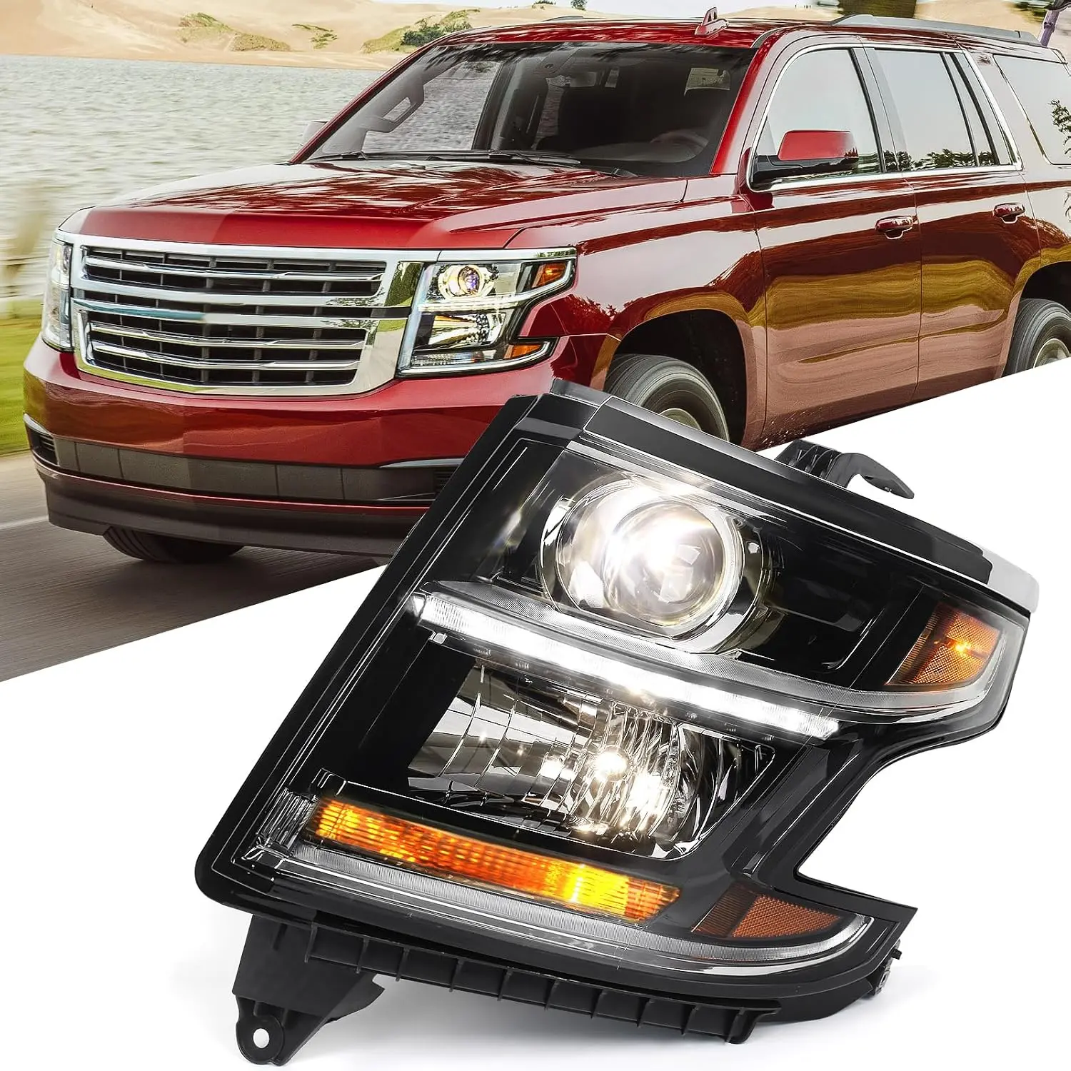 Huray HID Headlight Assembly Fit for Chevy Tahoe/Suburban 2015-2020 LH| OE Projector Xenon Headlamp w/Bulbs for Chevrolet Tahoe Replacement for GM2502406 84582597 Driver Side