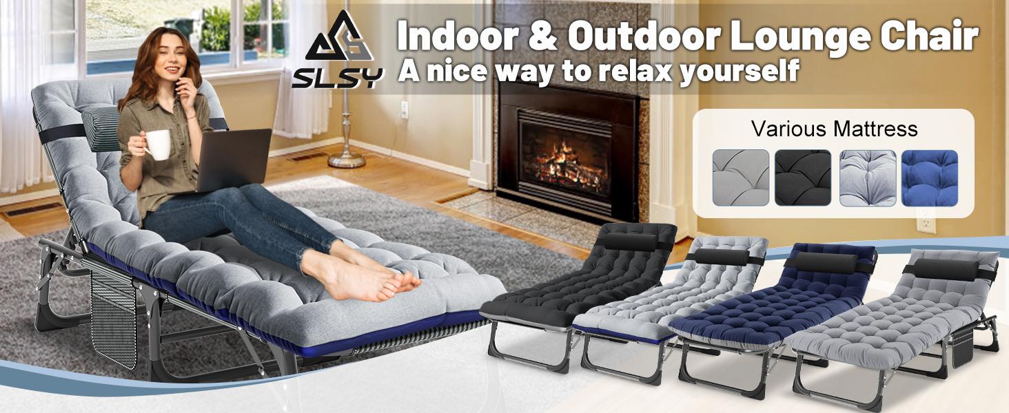 SLSY Portable Folding Camping Cot Bed with 2 Sided Mattress & Pillow, Adjustable 5-Position Folding Lounge Chair, Folding Cot Bed
