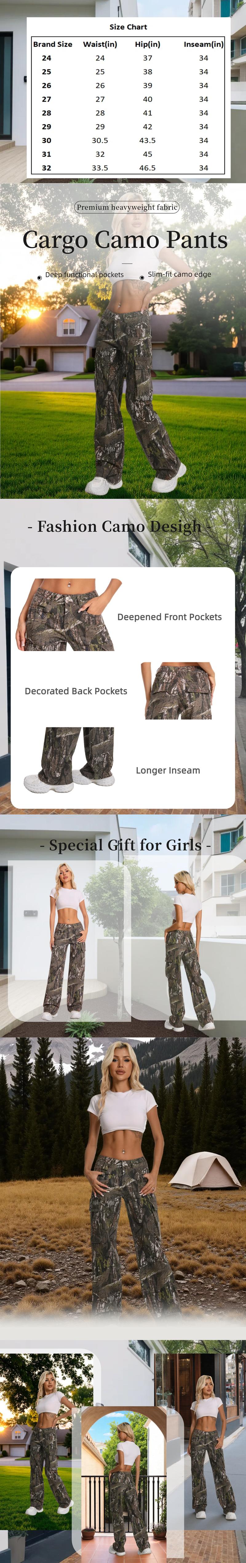 Camo Cargo Pants Tall Girl Friendly for Women with Multi-Pockets and Mid Waist Wide Leg Baggy Y2K Trousers